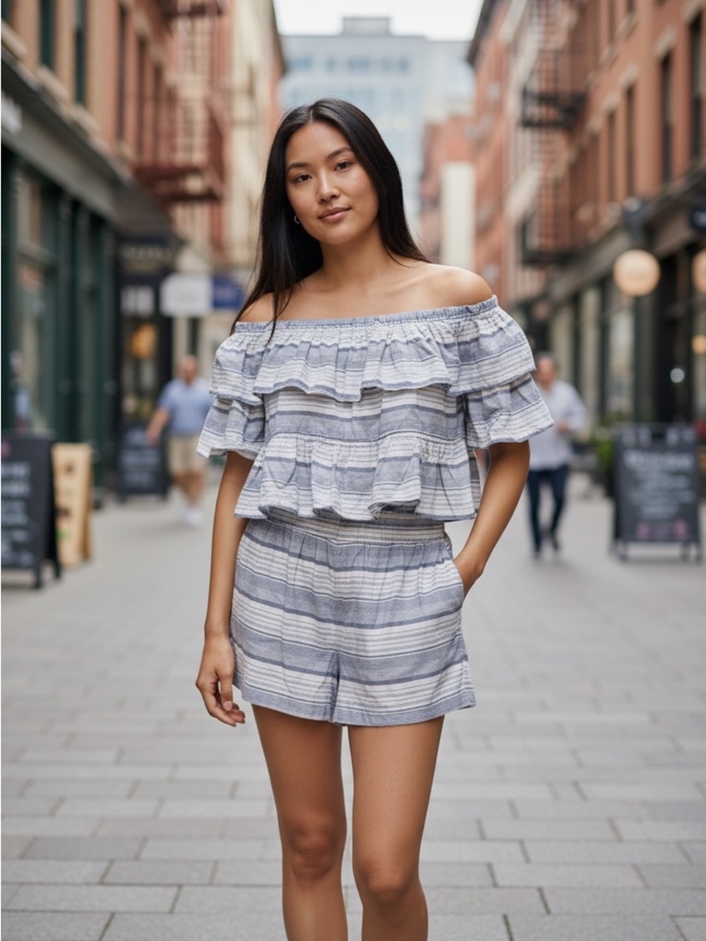 Rampage White/Chambray ruffled romper.  Size M.
